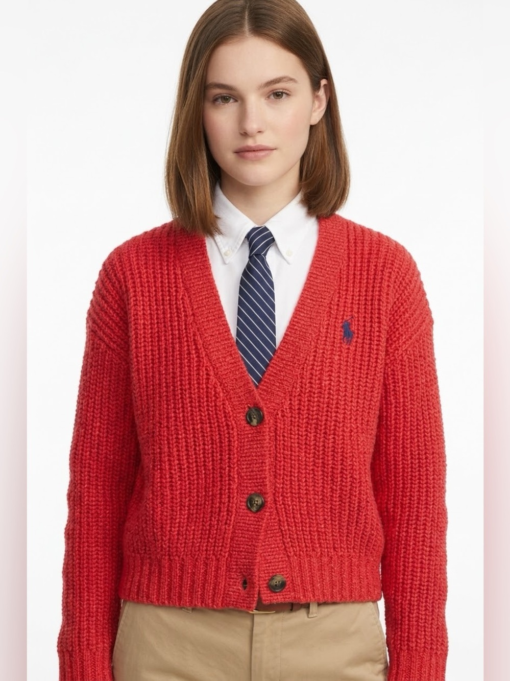 Polo Assn Red Cabincore V-Neck Ribbed Knit Cardigan Cozycore Preppy Old Money